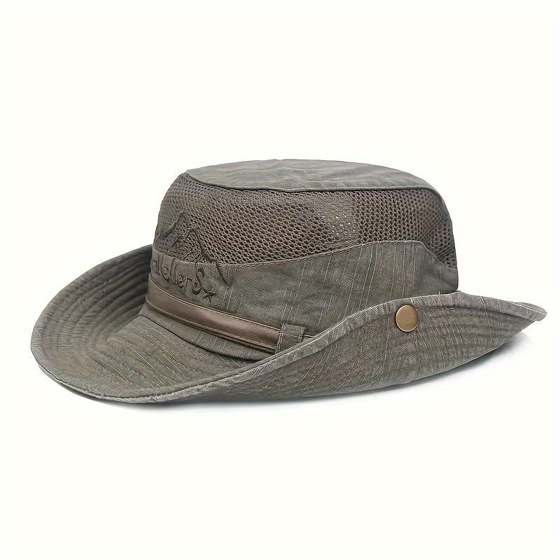 Breathable outdoor sun hat featuring UV protection, adjustable drawstring, and lightweight cotton mesh design for comfort and sun safety. 0